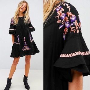 Free People Women’s Black Pavlo Embroidered Flutter Sleeve Cotton Dress Size S